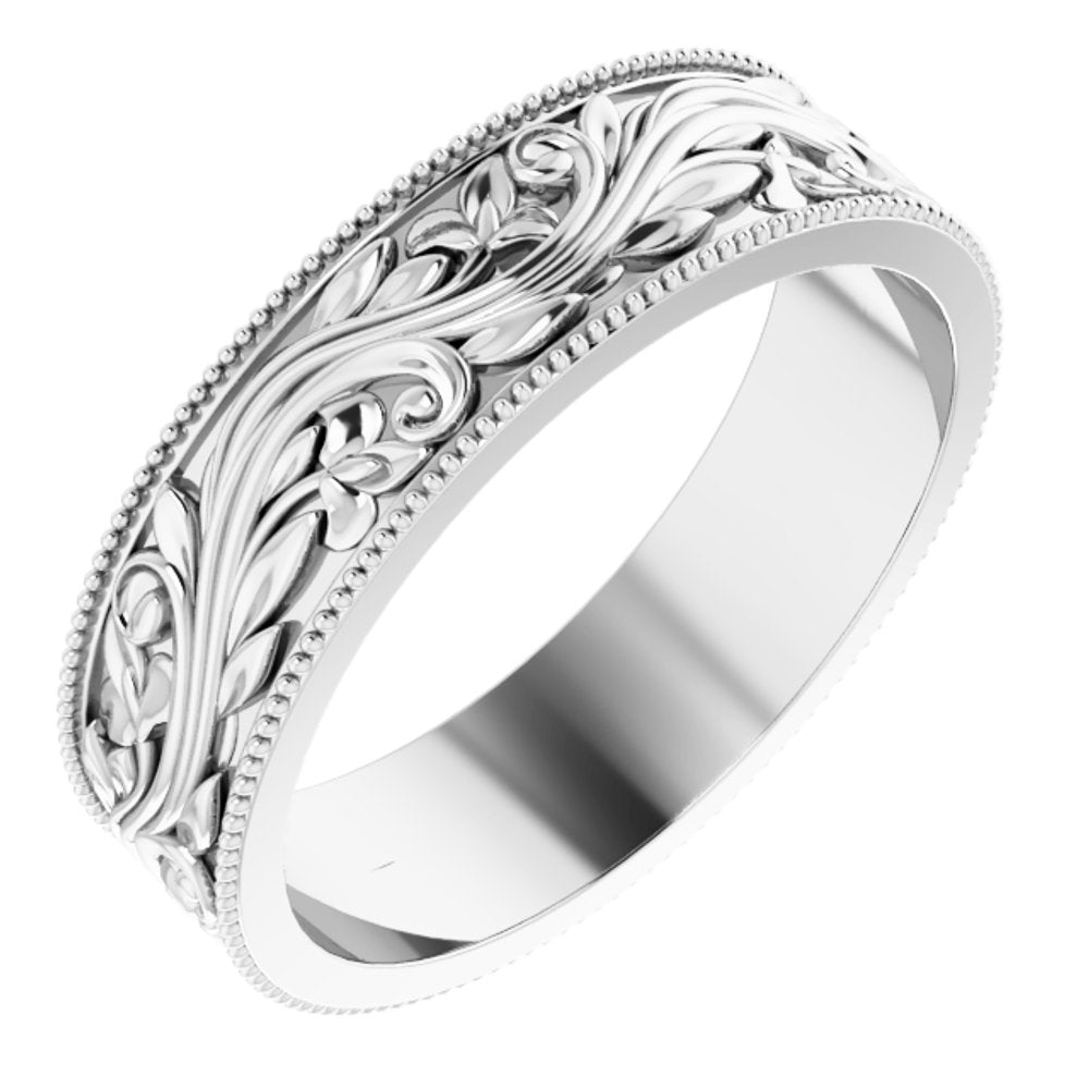 10K White Gold 6 mm Milgrain Edge Floral Flat Band Size 10