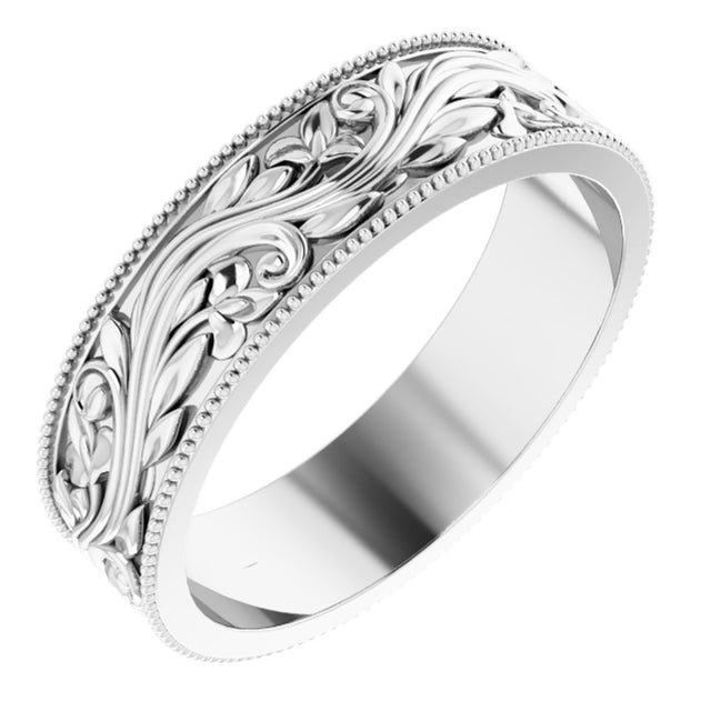 10K White Gold 6 mm Milgrain Edge Floral Flat Band Size 10