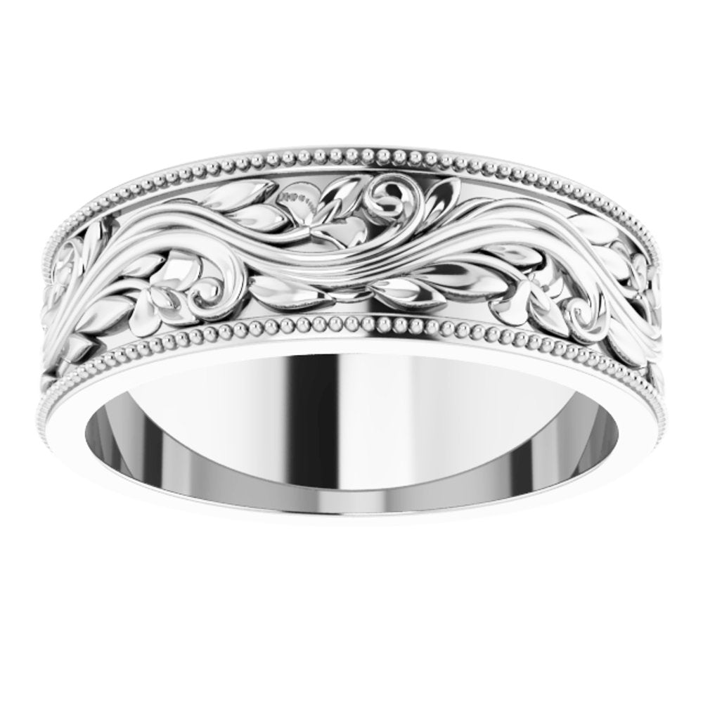 14K White Gold 6 mm Milgrain Edge Floral Flat Band Size 7.5