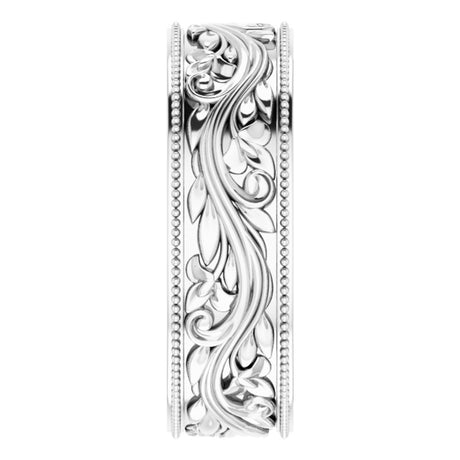 14K White Gold 6 mm Milgrain Edge Floral Flat Band Size 7.5