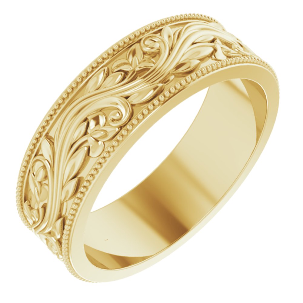 10K Yellow 6 mm Milgrain Edge Floral Flat Band Size 8.5