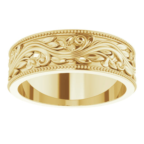 14K Yellow 6 mm Milgrain Edge Floral Flat Band