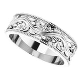 10K White Gold 6 mm Milgrain Edge Floral Flat Band Size 8.5