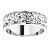 10K White Gold 6 mm Milgrain Edge Floral Flat Band Size 8.5
