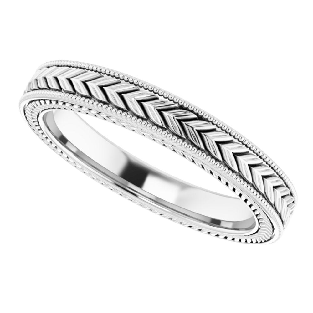 14K White Gold 3 mm Milgrain Edge Wheat Pattern Flat Band Size 5.5