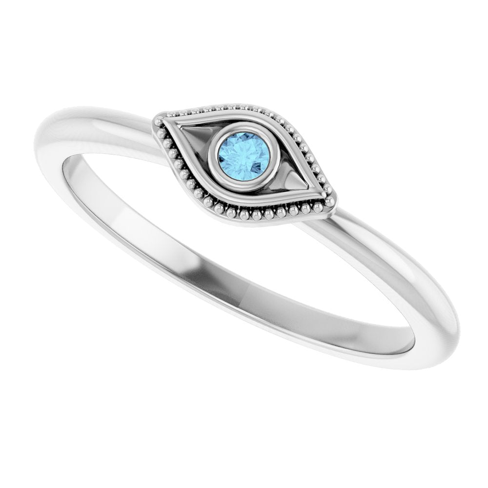 14K White Natural Aquamarine Stackable Evil Eye Ring