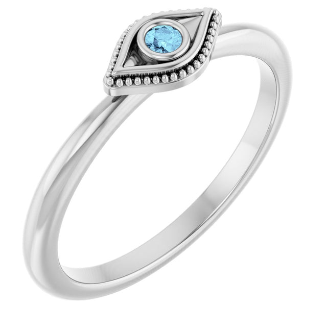 14K White Natural Aquamarine Stackable Evil Eye Ring