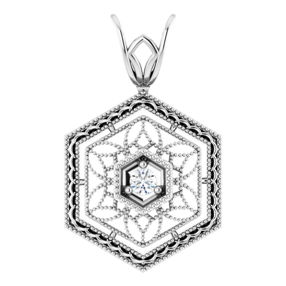 14K White .025 CT Natural Diamond Filigree Pendant