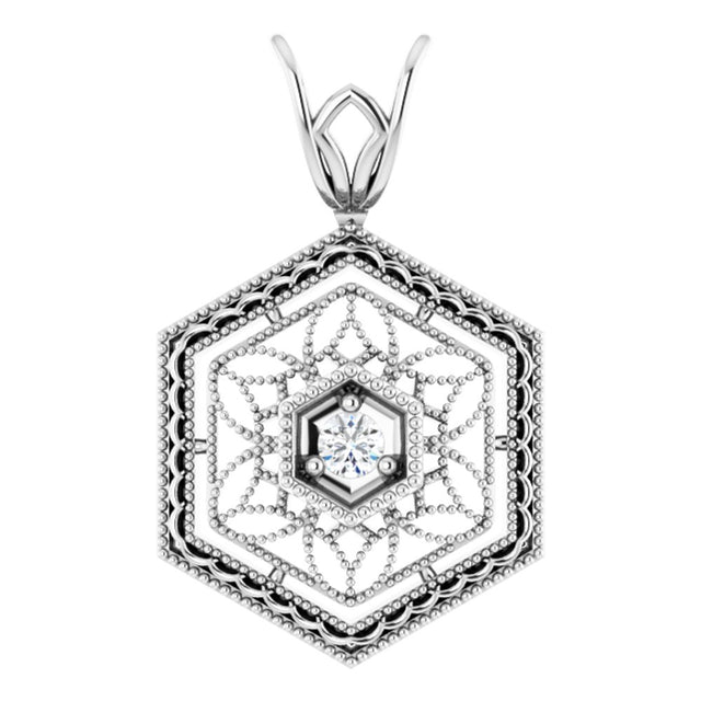 14K White .025 CT Natural Diamond Filigree Pendant