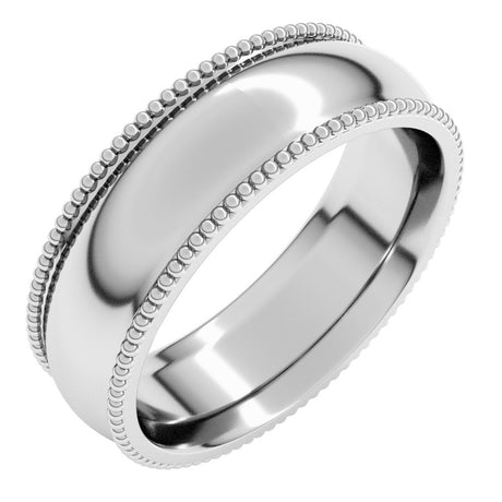 10K White Gold 6 mm Beaded Comfort-Fit Half Round Band Size 12