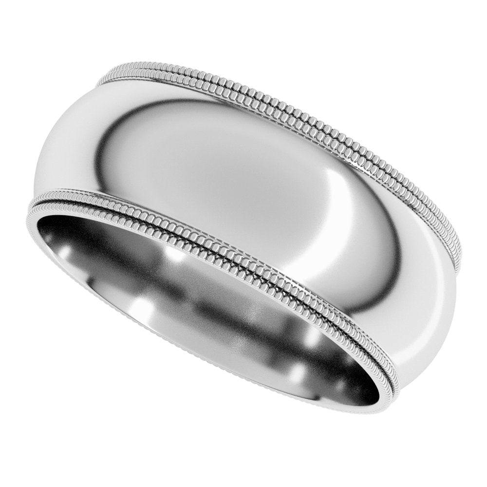 14K White Gold 8 mm Double Milgrain Comfort-Fit Half Round Band Size 9.5