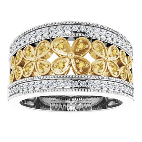 14K White/Yellow Gold 3/8 CTW Yellow & White Natural Diamond Floral Ring 