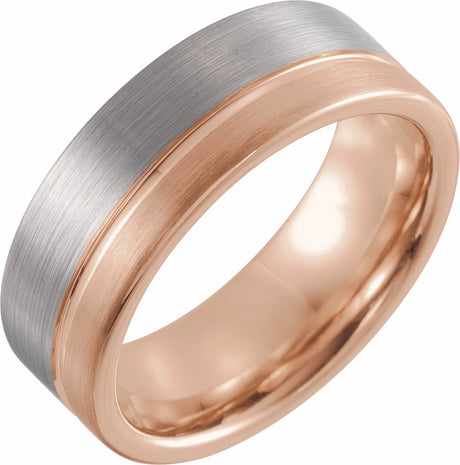 18K Rose Gold PVD Tungsten 8 mm Flat Grooved Satin Band Size 7.5