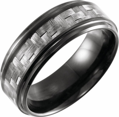 Black PVD Tungsten 8 mm Tungsten Stepped Edge Band with Carbon Fiber Inlay