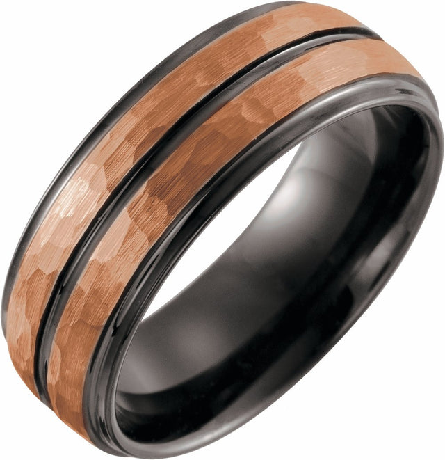 18K Rose Gold PVD & Black PVD Tungsten 8 mm Stepped-Edge Grooved Comfort-Fit Flat Band Size 8