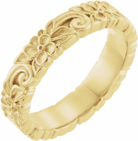 14K Yellow Gold 4 mm Floral Flat Band Size 4.5