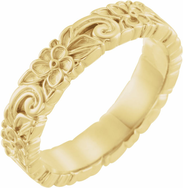 14K Yellow Gold 4 mm Floral Flat Band Size 4.5