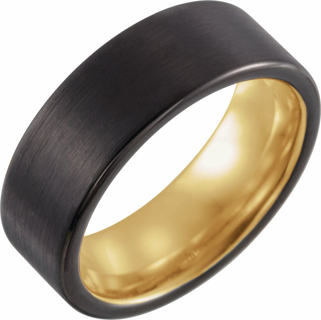 18K Yellow Gold PVD & Black PVD Tungsten 8 mm Flat Band with Satin Finish Size 7