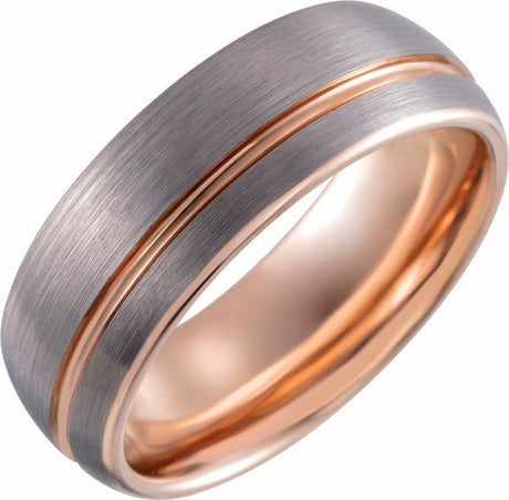 18K Rose Gold PVD Tungsten 8 mm Half Round Grooved Satin Band 10.5