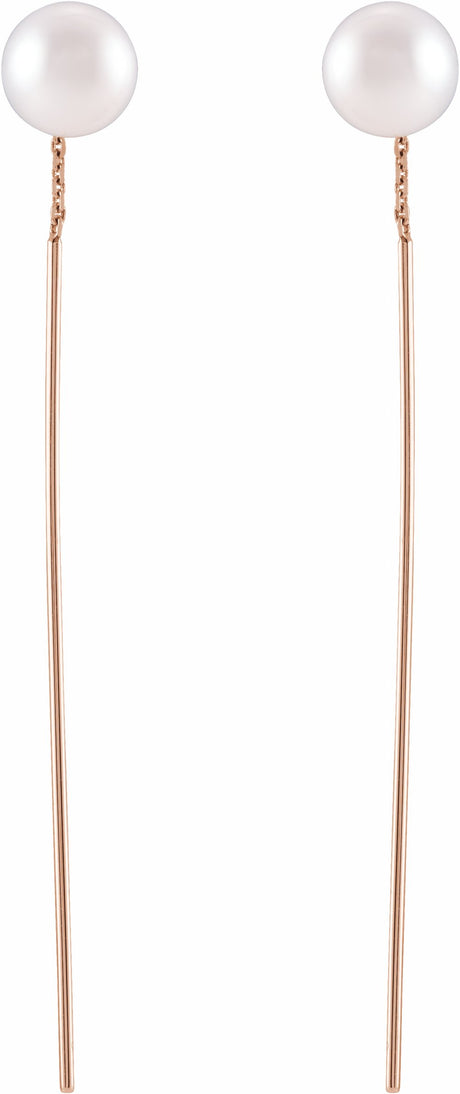 14K Rose Cultured White Freshwater Pearl Threader Earrings