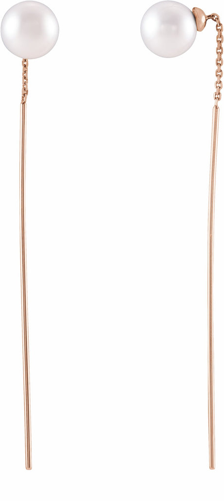 14K Rose Cultured White Freshwater Pearl Threader Earrings