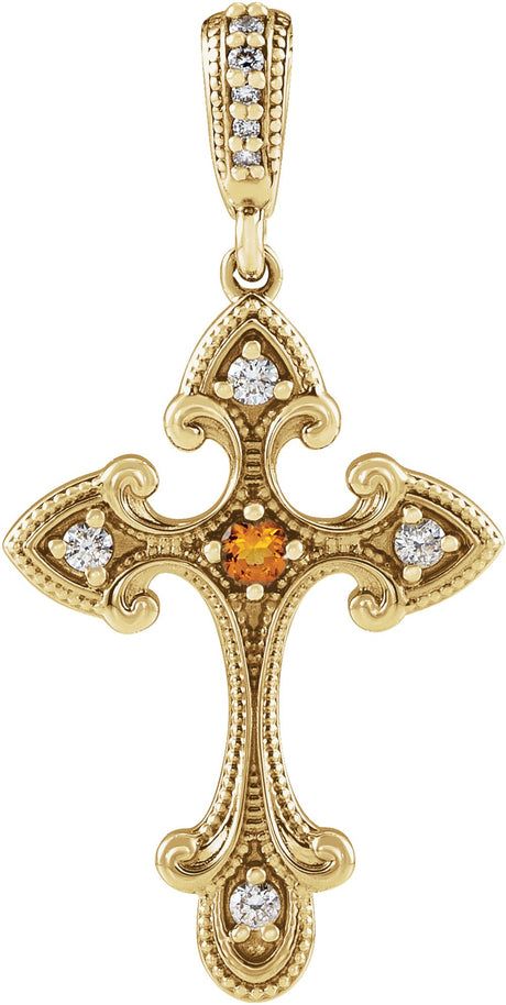 14K Yellow Gold Natural Citrine & .06 CTW Natural Diamond Cross Pendant