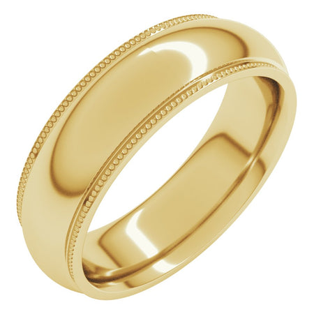 10K Yellow Gold 6 mm Milgrain Stepped-Edge Comfort-Fit Half Round Band Size 6.5