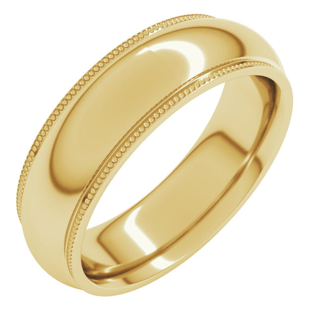 10K Yellow Gold 6 mm Milgrain Stepped-Edge Comfort-Fit Half Round Band Size 6.5