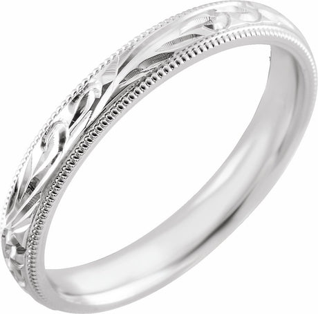 Platinum 3 mm Hand-Engraved Milgrain Sculptural Comfort-Fit Half-Round Band Size 5