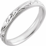 14K White Gold 3 mm Hand-Engraved Milgrain Sculptural Comfort-Fit Half-Round Band Size 7