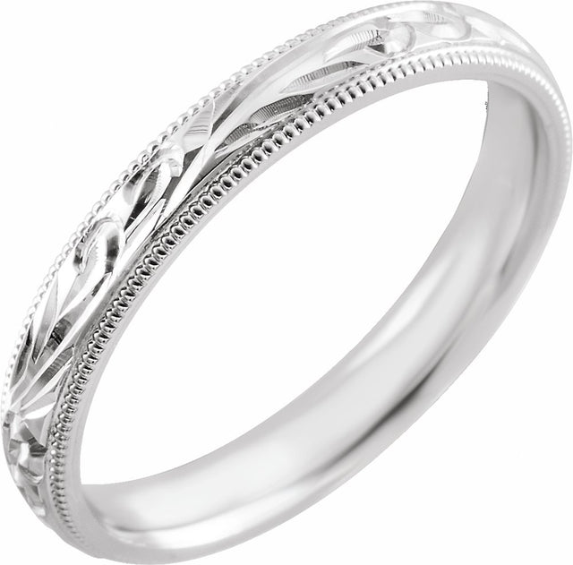 14K White Gold 3 mm Hand-Engraved Milgrain Sculptural Comfort-Fit Half-Round Band Size 7