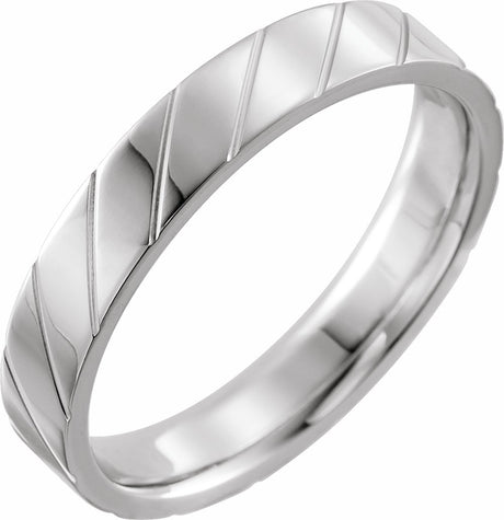 14K White Gold 4 mm Diagonal Grooved Comfort-Fit Flat Band Size 8.5