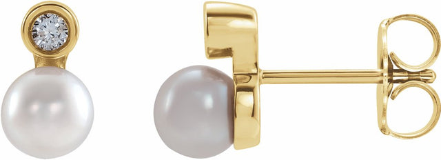 14K Yellow Gold Cultured White Akoya Pearl & .03 CTW Natural Diamond Earrings