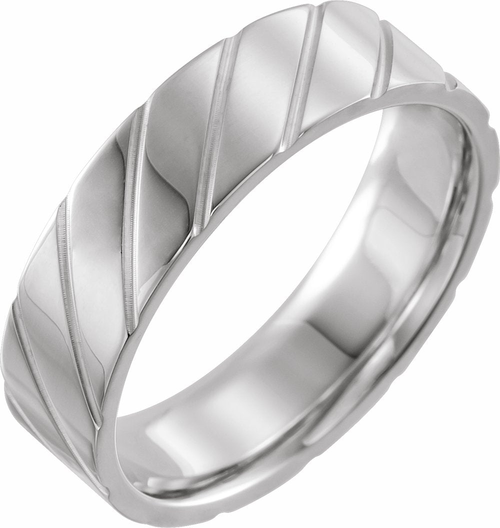 14K White Gold 6 mm Diagonal Grooved Comfort-Fit Flat Band Size 10