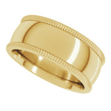 14K Yellow 8 mm Extra Large Milgrain Comfort-Fit Half Round Band Size 10.5