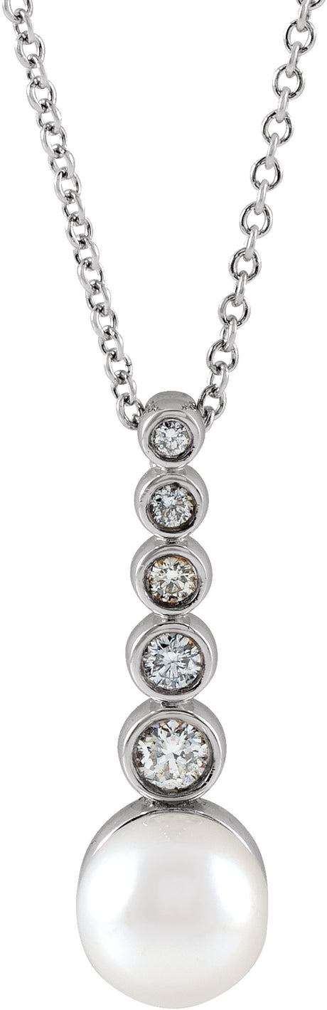 14K White Gold Cultured White Akoya Pearl & 1/8 CTW Natural Diamond Bar 16-18" Necklace