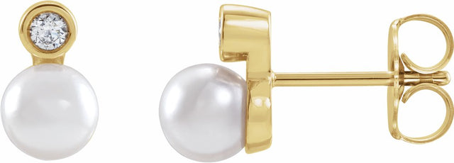 14K Yellow Cultured White Akoya Pearl & 1/8 CTW Natural Diamond Earrings