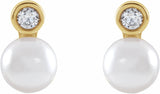 14K Yellow Cultured White Akoya Pearl & 1/8 CTW Natural Diamond Earrings