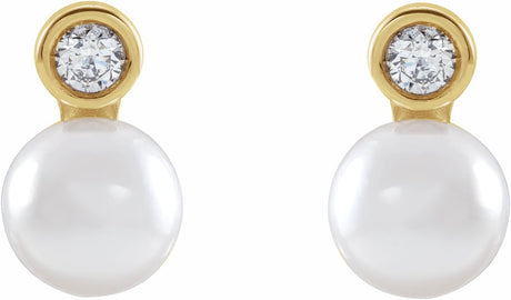 14K Yellow Cultured White Akoya Pearl & 1/8 CTW Natural Diamond Earrings