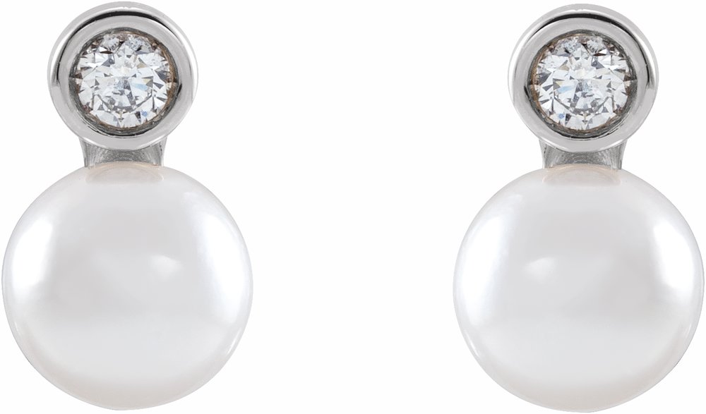 14K White Cultured White Akoya Pearl & 1/8 CTW Natural Diamond Earrings