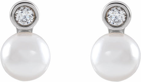 14K White Cultured White Akoya Pearl & 1/8 CTW Natural Diamond Earrings