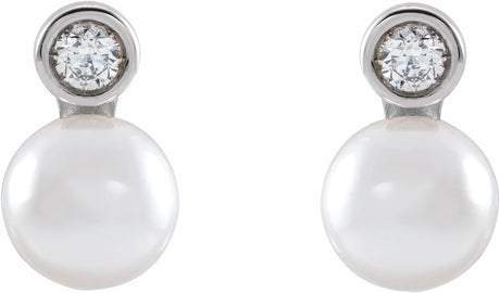 14K White Gold Cultured White Akoya Pearl & 1/8 CTW Natural Diamond Earrings