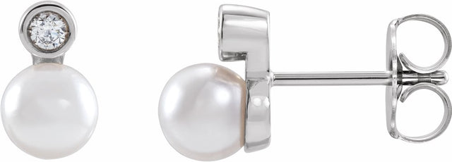 14K White Gold Cultured White Akoya Pearl & .06 CTW Natural Diamond Earrings