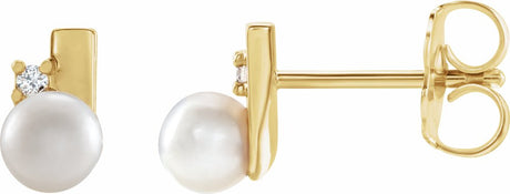 14K Yellow Gold Cultured White Akoya Pearl & .03 CTW Natural Diamond Geometric Earrings