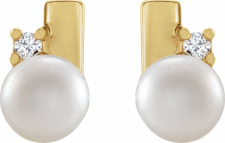 14K Yellow Cultured White Akoya Pearl & .03 CTW Natural Diamond Geometric Earrings