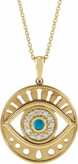 14K Yellow Natural Turquoise & 1/6 CTW Natural Diamond Evil Eye 16-18" Necklace