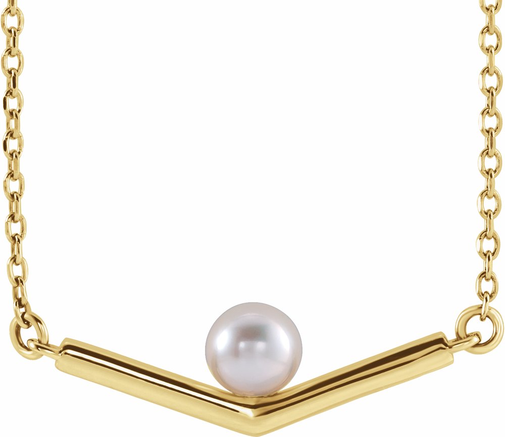 14K Yellow Gold Cultured White Akoya Pearl V 18" Necklace