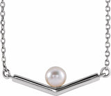 Sterling Silver Cultured White Akoya Pearl V 18" Necklace