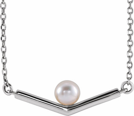 Sterling Silver Cultured White Akoya Pearl V 18" Necklace