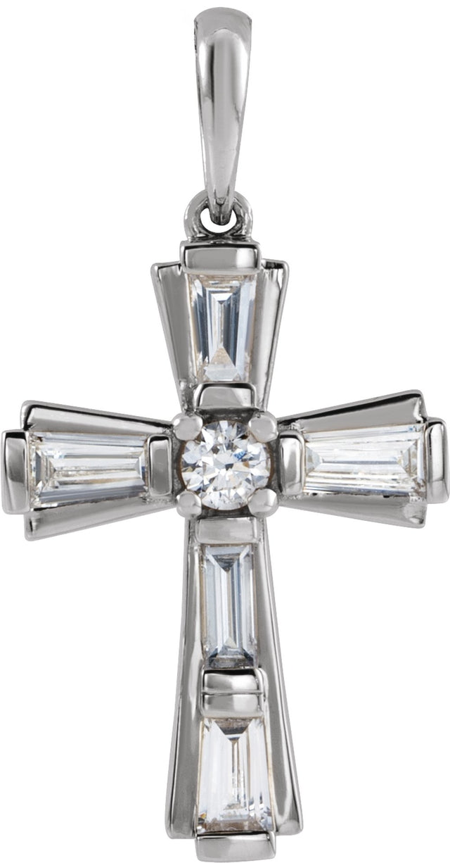 14K White Gold 3/8 CTW Natural Diamond Baguette Cross Pendant